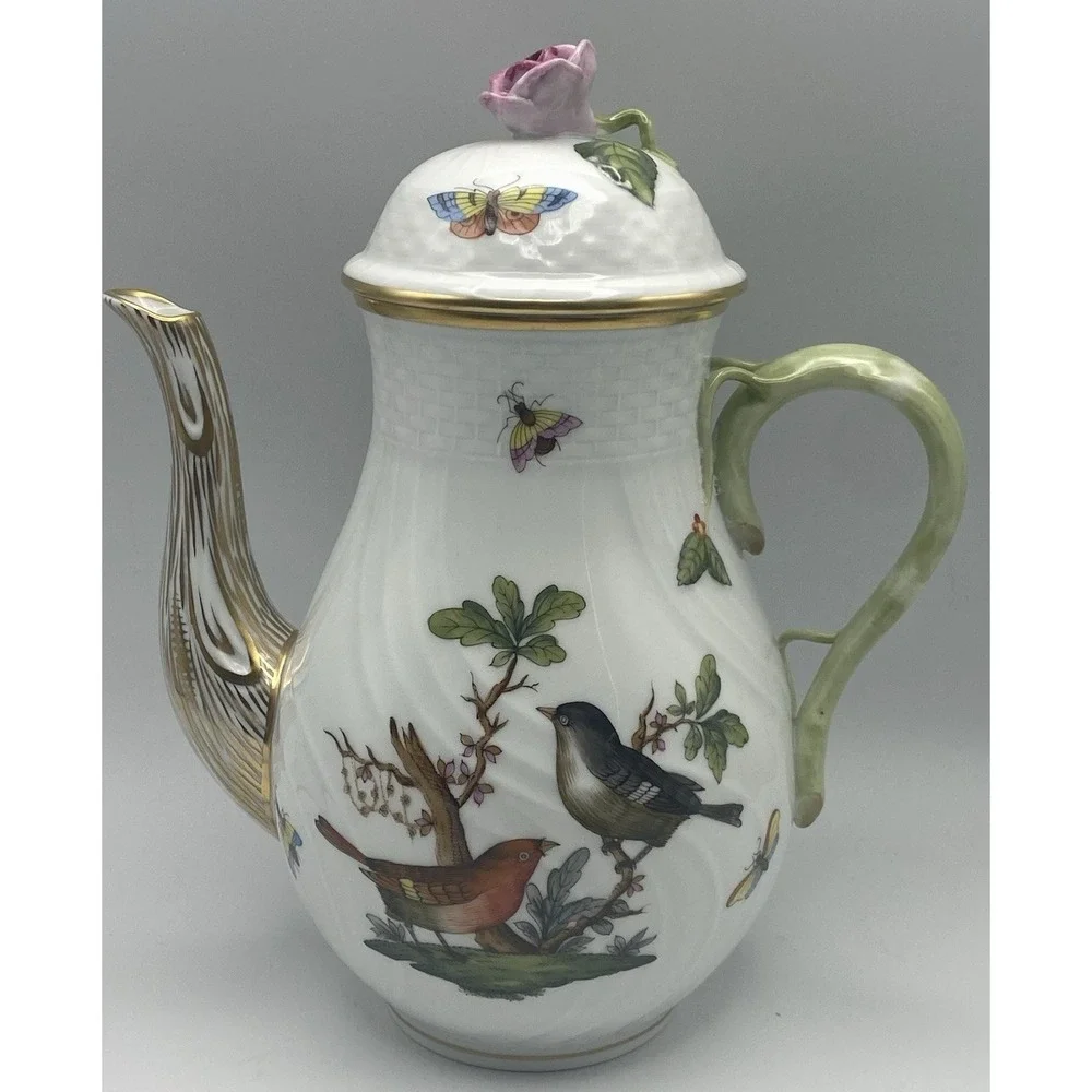 Herend Rothschild Bird Coffee Pot 6‎ 5/8 in Pink Rose Lid Butterflies Necklace